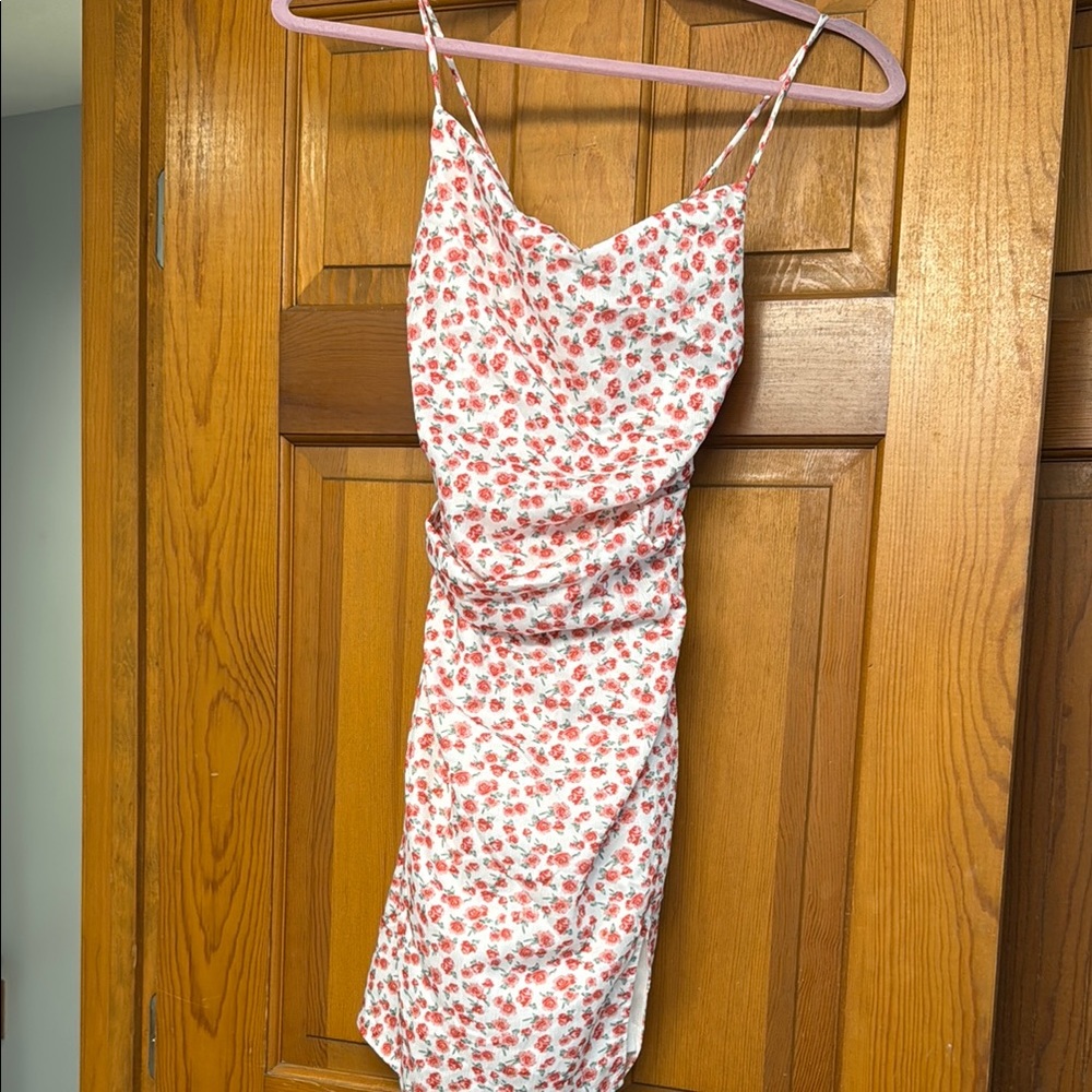 White Floral Slip Dress with Pink Rose Print